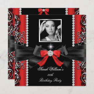 Invitation Red Bow fête d'anniversaire Black Silver Photo