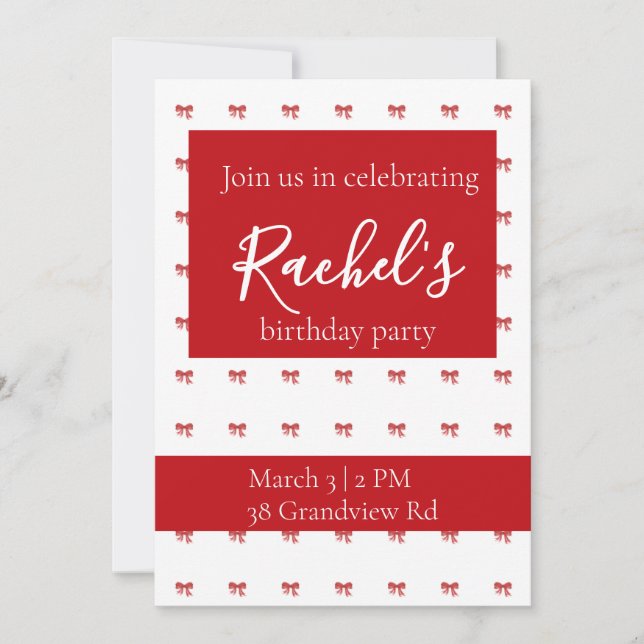 Invitation Red Bow Girl Birthday Party (Devant)