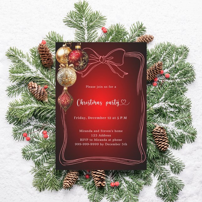 Invitation Red bow gold baubles hand-drawn Christmas Party (Créateur téléchargé)