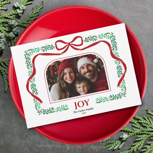 Invitation Red Bow Joie Noël Ribbon cadre photo (christmas red bow and greenery arch photo frame)