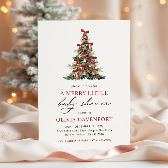 Invitation Red Bow Merry Little Christmas Tree Baby Shower (Créateur téléchargé)
