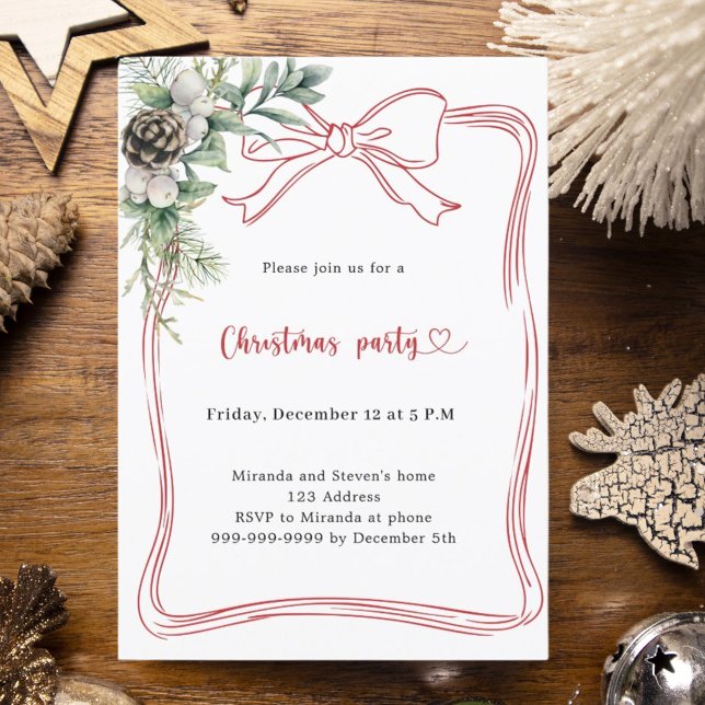 Invitation Red bow pine greenery Christmas Party (Créateur téléchargé)