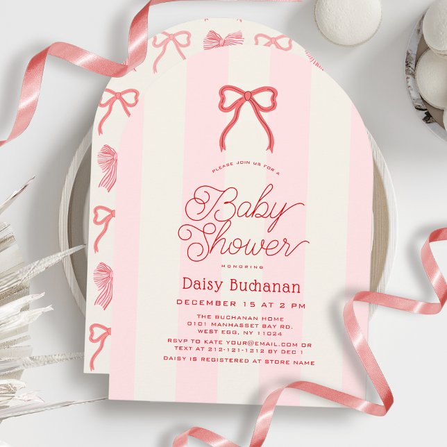Invitation Red Bow & Pink Stripes Girl Baby Shower (Créateur téléchargé)