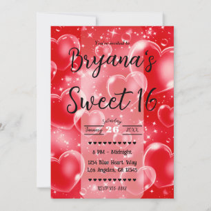 Invitation Red Bubble Hearts mignonne Fille 90's fête d'anniv