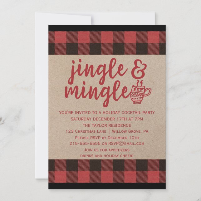 Invitation Red Buffalo Plaid Jingle et Mingle Cocktail Party (Devant)