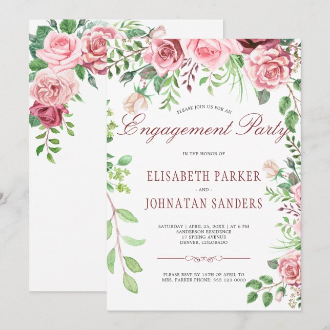 Invitation Red Burgundy et Blush Pink Roses (Devant / Derrière)