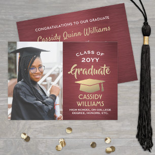 Invitation Red Burgundy Gold Graduate Photo Party