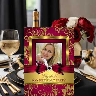 Invitation Red Burgundy Gold Photo fête d'anniversaire