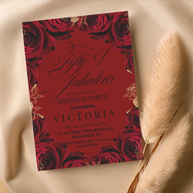 Invitation Red Burgundy Rose 50ème & fabuleuse fête d'anniver (Créateur téléchargé)