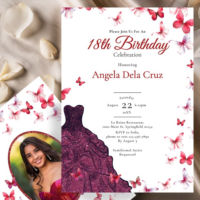 Invitation Red Butterflies Elegant Dress 18th Birthday Debut (Créateur téléchargé)