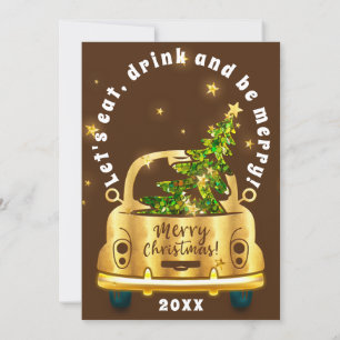 Invitation Red Car Noël Brunch Diner Arbre Or Brown