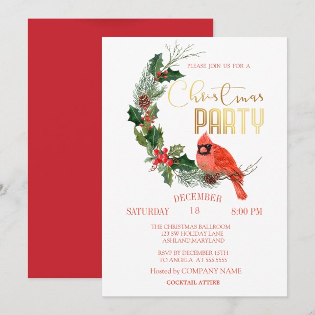 Invitation Red Cardinal Bird Christmas Compagnie Party (Devant / Derrière)