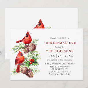 Invitation Red Cardinal Holly Berry Holiday CHRISTMAS EVE
