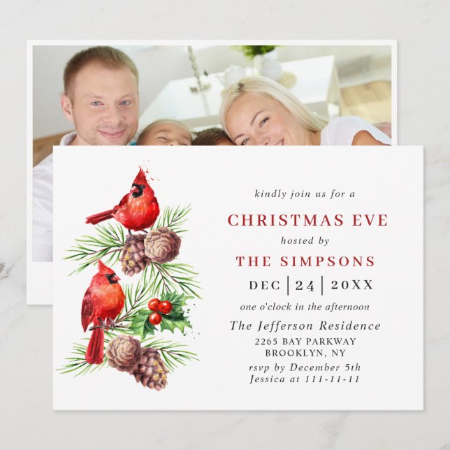 Invitation Red Cardinal Holly Berry Holiday CHRISTMAS EVE (Devant / Derrière)