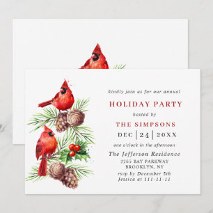 Invitation Red Cardinal Holly Berry Holiday NOËL PARTI