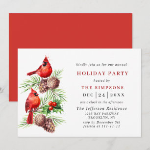 Invitation Red Cardinal Holly Berry Holiday NOËL PARTI