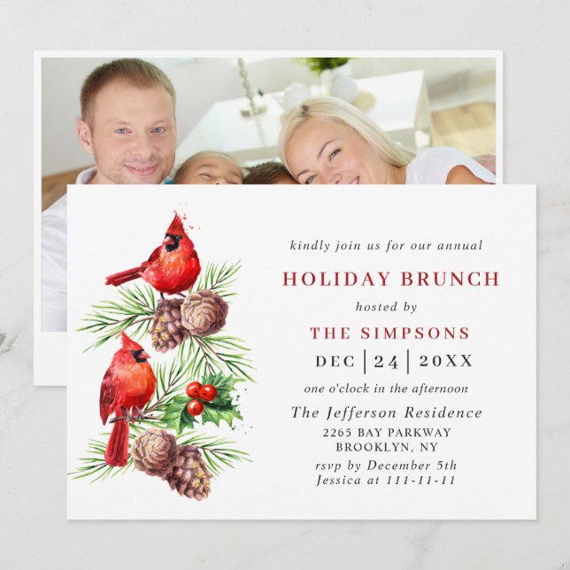 Invitation Red Cardinal Holly Berry Noël VACANCES BRUNCH (Devant / Derrière)