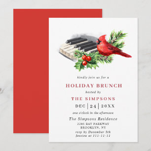 Invitation Red Cardinal Holly Berry Noël VACANCES BRUNCH