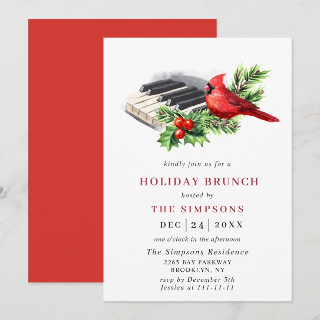 Invitation Red Cardinal Holly Berry Noël VACANCES BRUNCH (Devant / Derrière)