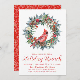 Invitation Red Cardinal Wreath Holiday Brunch