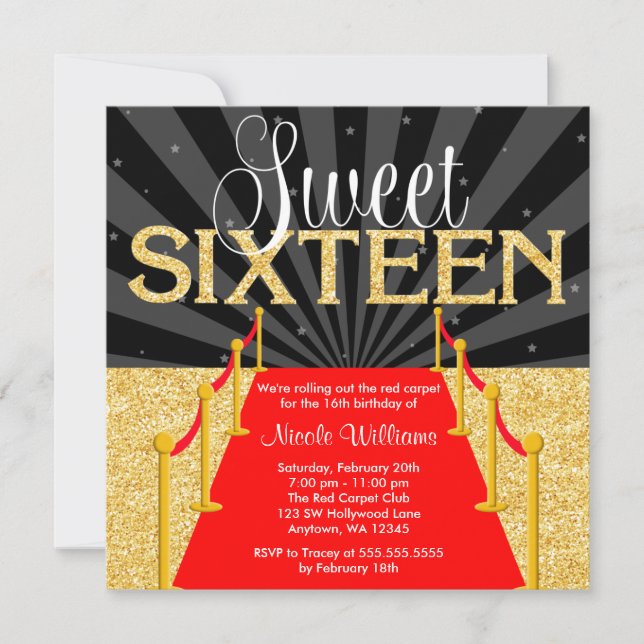 Invitation Red Carpet Gold Glam Hollywood Sweet 16 Anniversai (Devant)