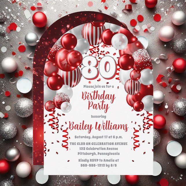 Invitation Red Celebration Balloons 80th Birthday Party (Red, Silver Tone and White  Celebration Balloons "80" 80th Birthday Party Invitation - Print | Digi)