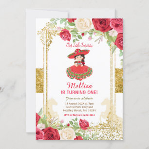 Invitation Red Charro Roses et Gold Mexican Birday 