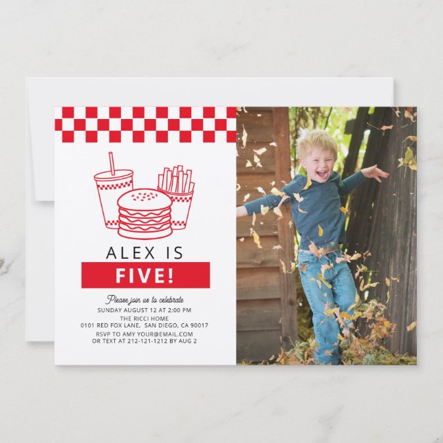 Invitation Red Checker Hamburger Photo 5th Birthday (Devant)