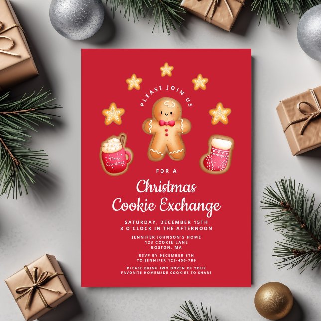 Invitation Red Christmas Cookie Exchange Cute Gingerbread Hom (Red Christmas Cookie Exchange Cute Gingerbread Man Invitation)
