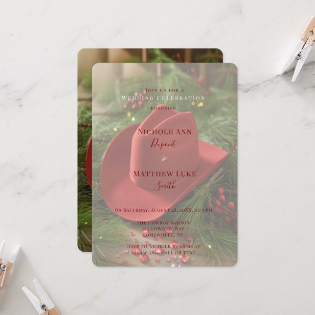 Invitation Red Christmas Cowboy Hat Wedding Celebration (Devant/Arrière en situation)
