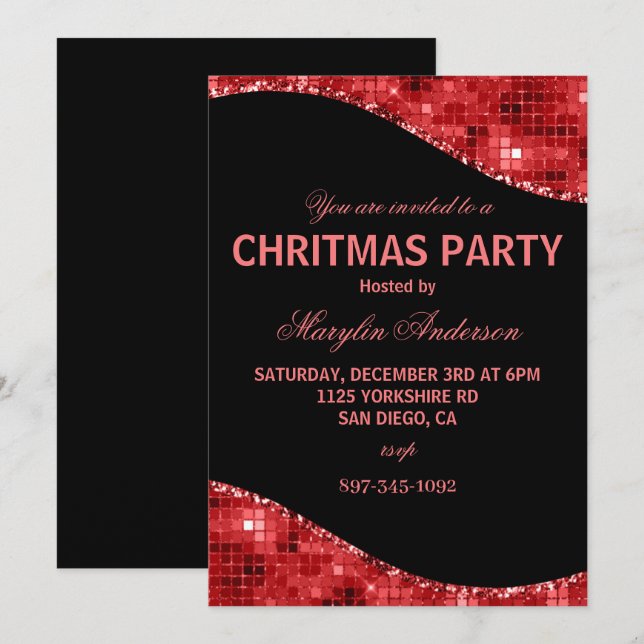 INVITATION RED CHRISTMAS DISCO SHIMMER PERSONNALISÉ (Devant / Derrière)