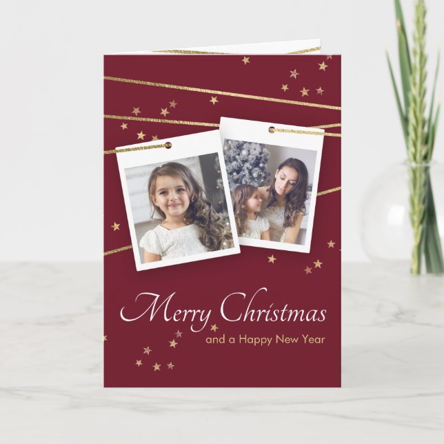 Invitation Red Christmas Photo Grey Gold Lignes géométriques (Devant)