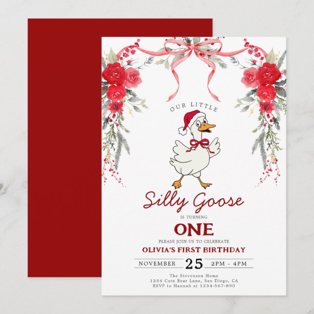 Invitation Red Christmas Silly Goose Girl 1st Birthday (Devant / Derrière)
