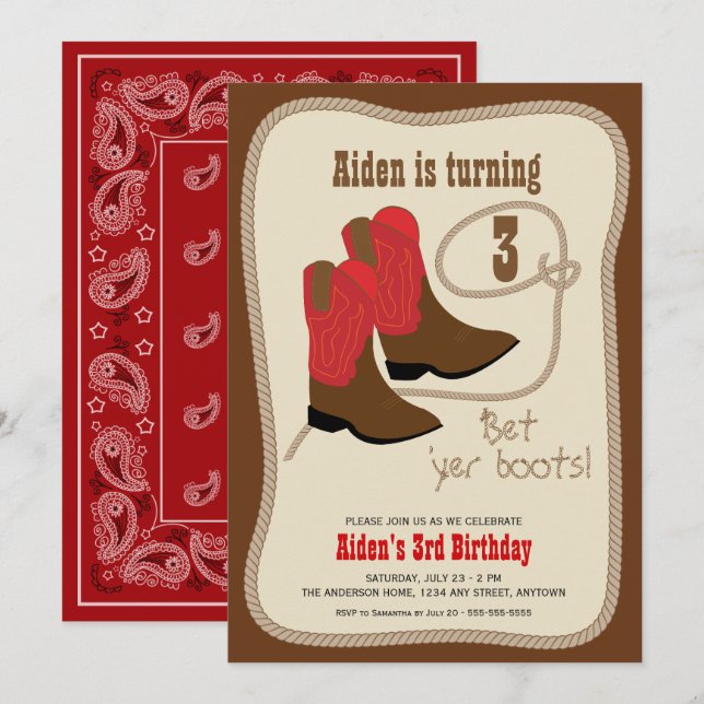 Invitation Red Cowboy Boots Western Anniversaire (Devant / Derrière)