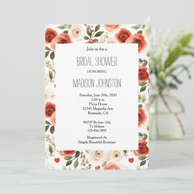 Invitation Red Cream Hearts and Flowers Bridal Shower (Debout devant)