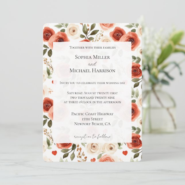 Invitation Red Cream Hearts and Flowers Wedding (Debout devant)