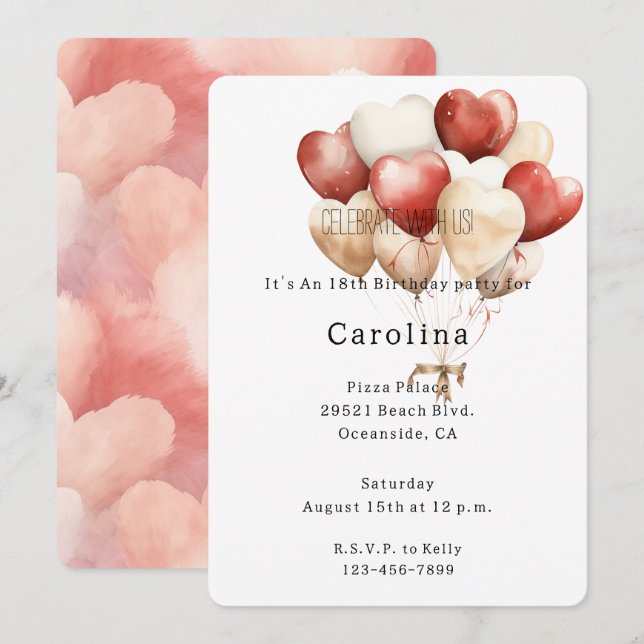 Invitation Red Cream White Hearts Balloons Birthday  (Devant / Derrière)