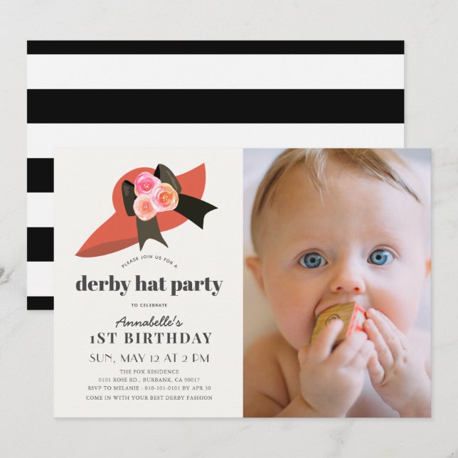 Invitation Red Derby Casquette Rose 1er anniversaire de fête  (Devant / Derrière)