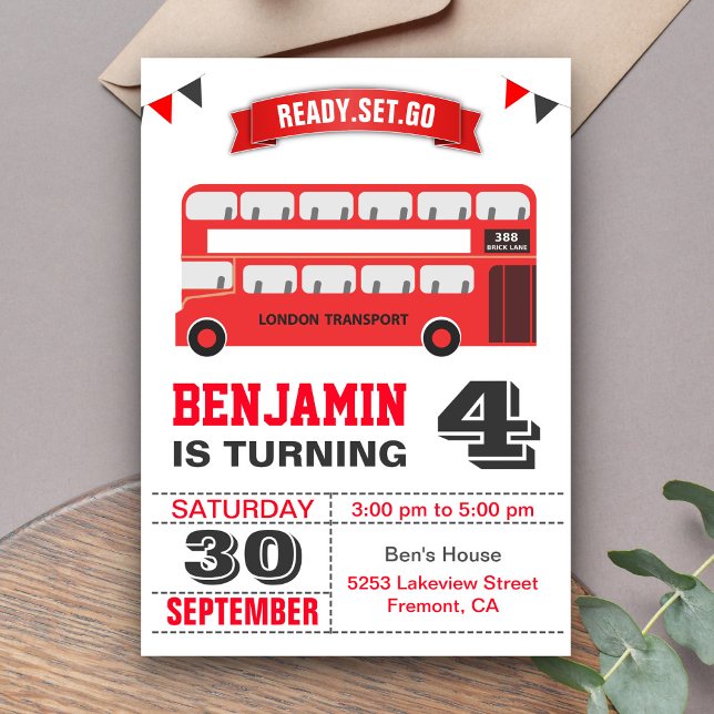 Invitation Red Double Decker London Bus Anniversaire de enfan (Créateur téléchargé)