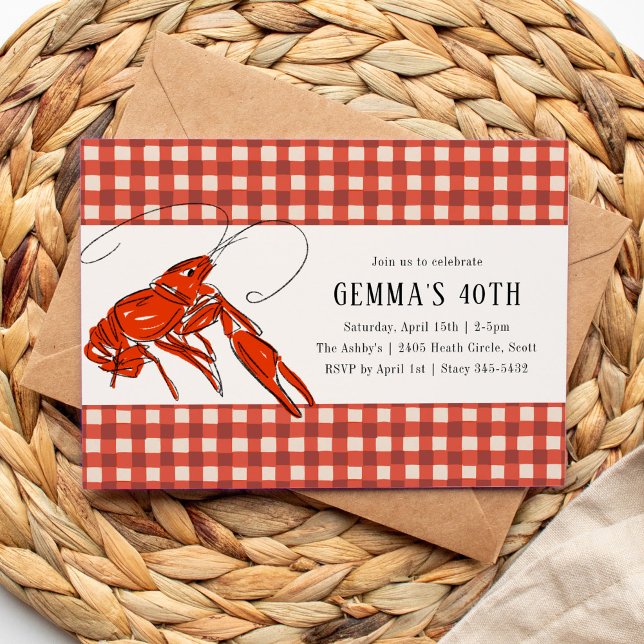 Invitation Red En vichy Crawfish Boire Fête d'été de fruits d (Red gingham frames this boiled crawfish birthday party invitation.)