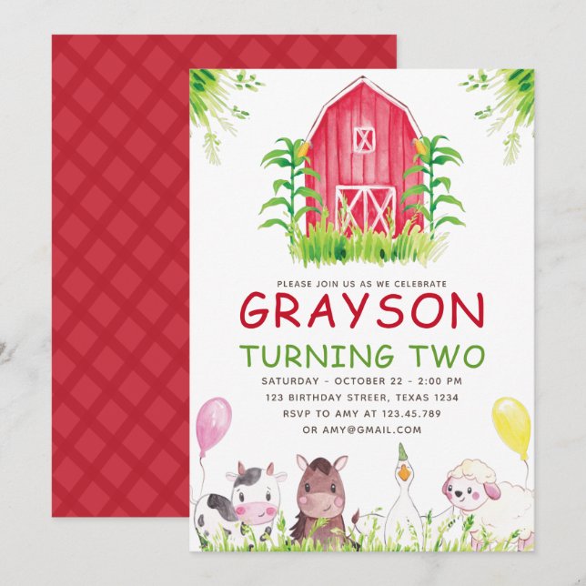 Invitation Red Farm House Animaux Aquarelle Anniversaire (Devant / Derrière)