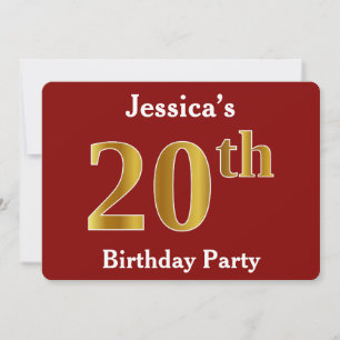Invitation Red, Faux Gold 20th Birthday Party + Nom personnal