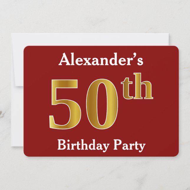 Invitation Red, Faux Gold 50th Birthday Party + Nom personnal (Devant)