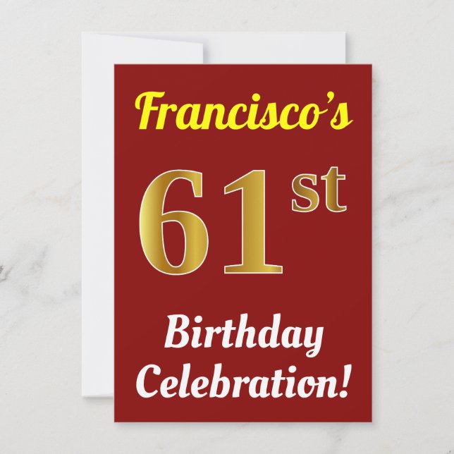 Invitation Red, Faux Gold 61st Birthday Celebration + Name (Devant)