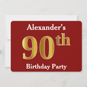 Invitation Red, Faux Gold 90th Birthday Party + Nom personnal