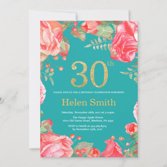 Invitation Red Floral 30th Birthday Gold Parties scintillant  (Devant)