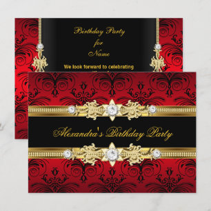 Invitation Red Floral Gold Black Fête d'anniversaire des femm