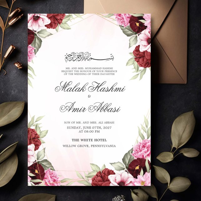 Invitation Red Floral Gold Frame Mariage musulman islamique (Créateur téléchargé)