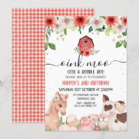 Red Floral Plaid Farm Animaux Anniversaire Invitat