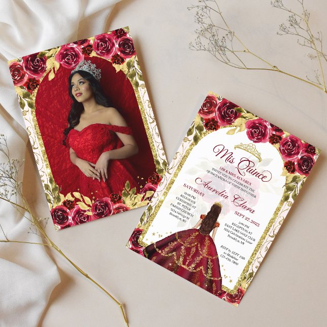 Invitation Red Floral Princess Gold Arch Photo Quinceanera (Créateur téléchargé)